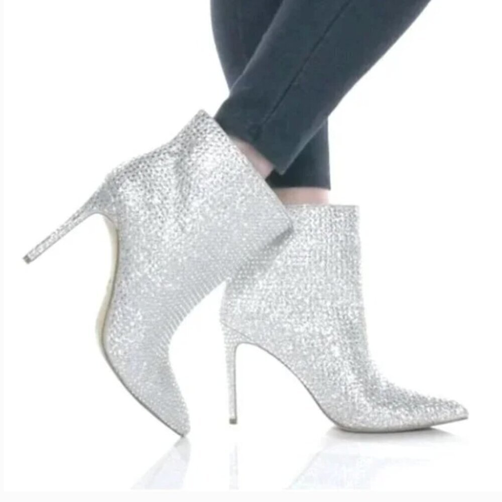 Jewel Badgley Mischka Jude Boots Pointed Toe Heeled Stiletto Booties Silver 6